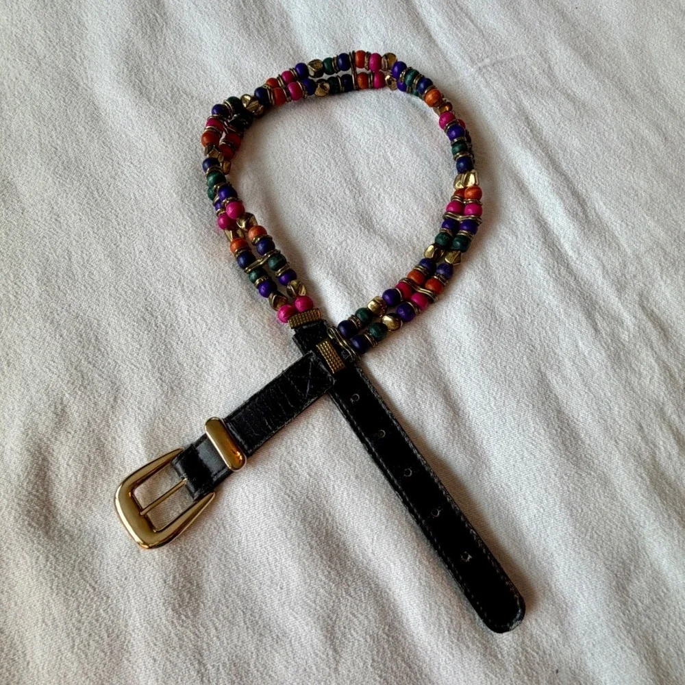 Vintage Multi Color Wood Bead Double Strand Belt Black Faux Leather M/L
